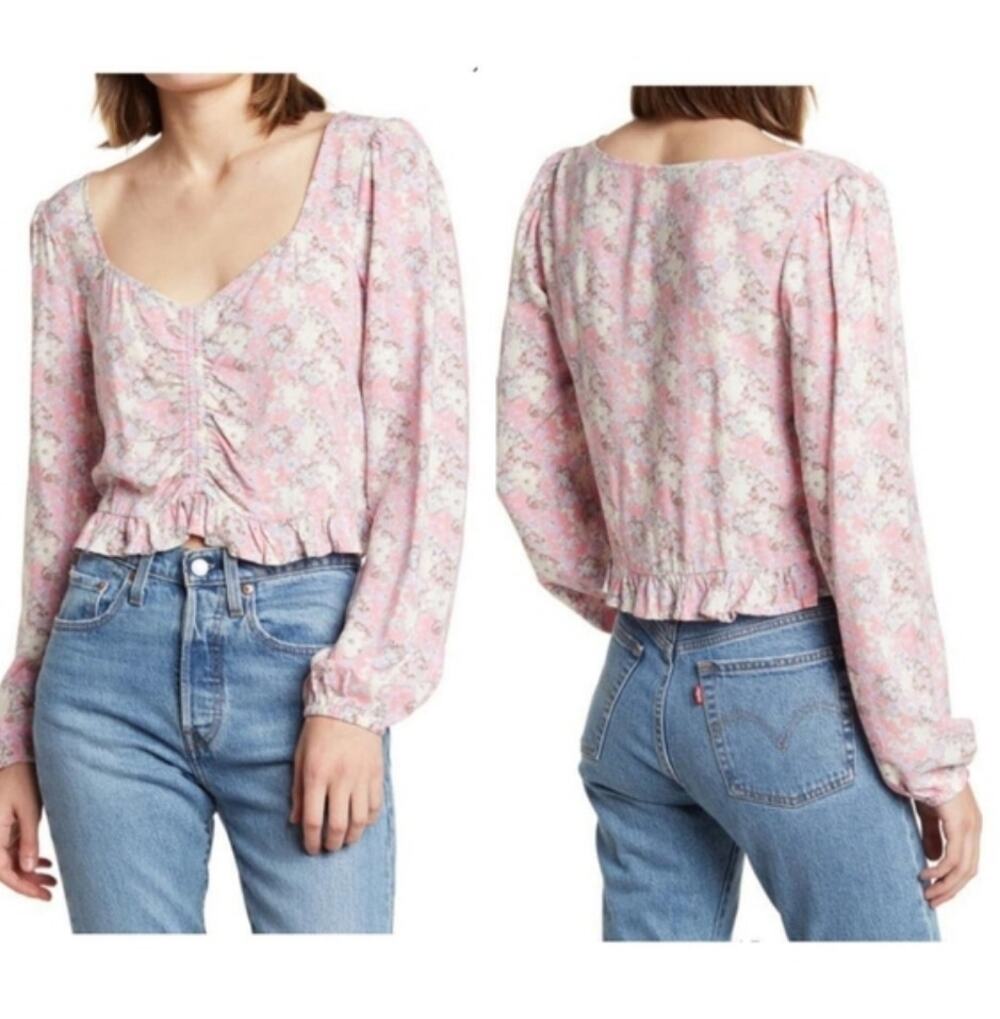 New Abound Women's Long Sleeve Crop Top with Ruffle Hem Ruching in Pink Floral